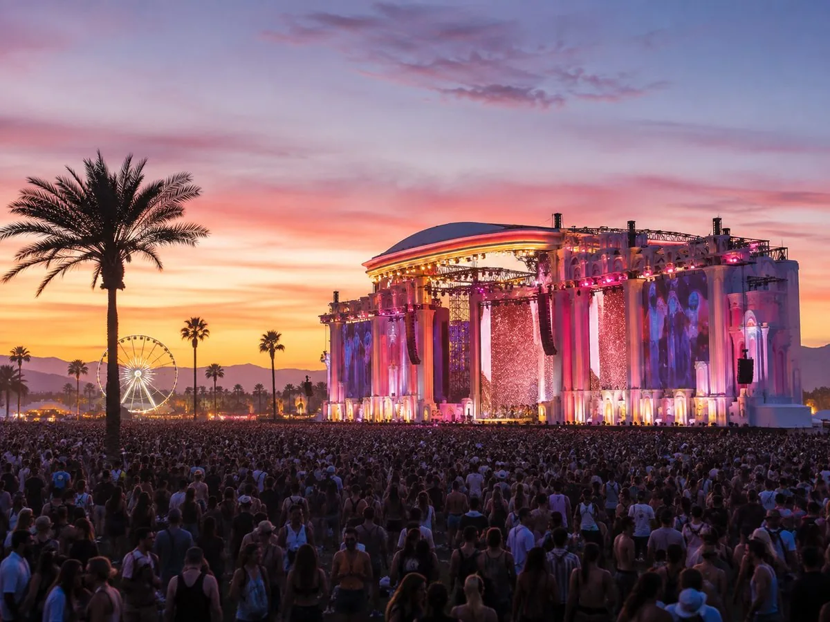 Desert-stage setup like Coachella 2026 production
